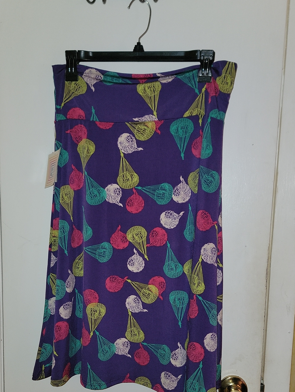 LuLaRoe Purple A-Line Skirt with Teal, Lime, Pink & Cream Balloon Print